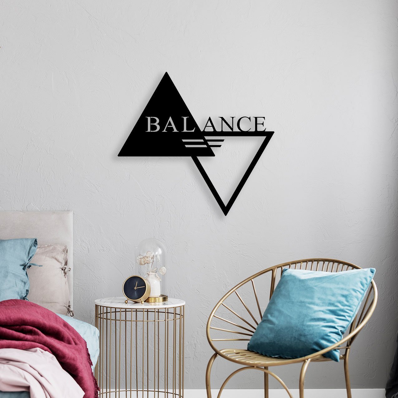 Blue pillow on golden stylish chair in fashionable bedroom inter