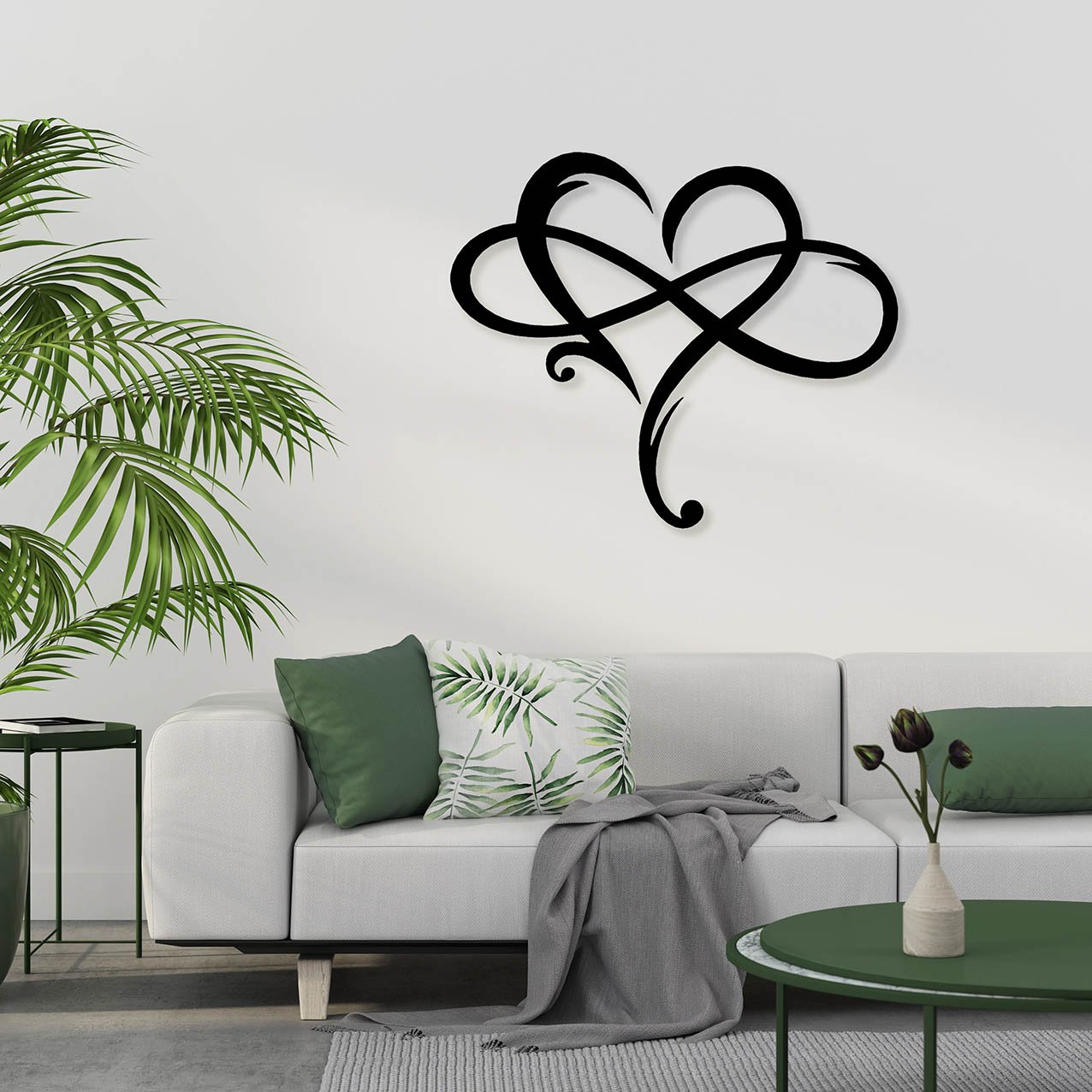 Interior with white sofa and green pillows