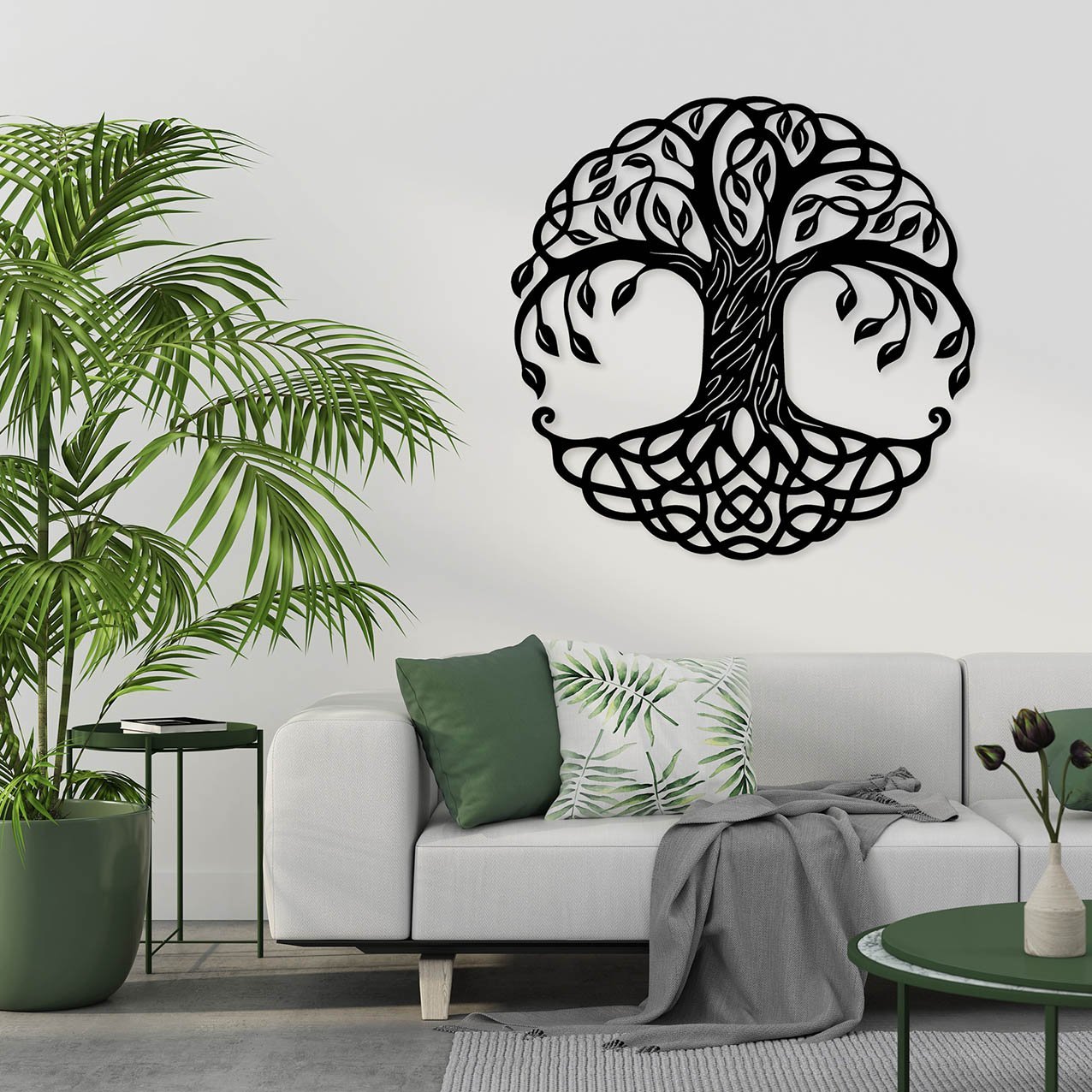 Interior with white sofa and green pillows